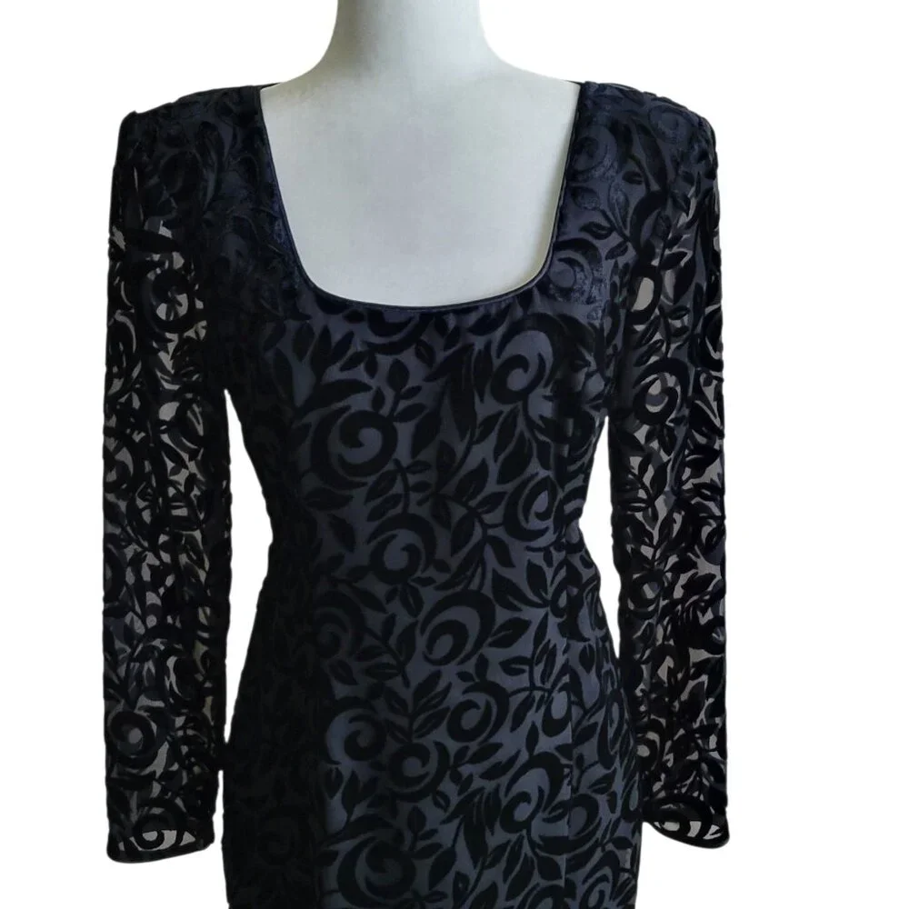 Vintage 90s Black Velvet Burnout Floral Cocktail Dress | Long Sleeve Sheer Y2K